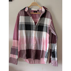 Men's Swiss Cross Casual Button Down Shirt L Pink Burgundy Plaid